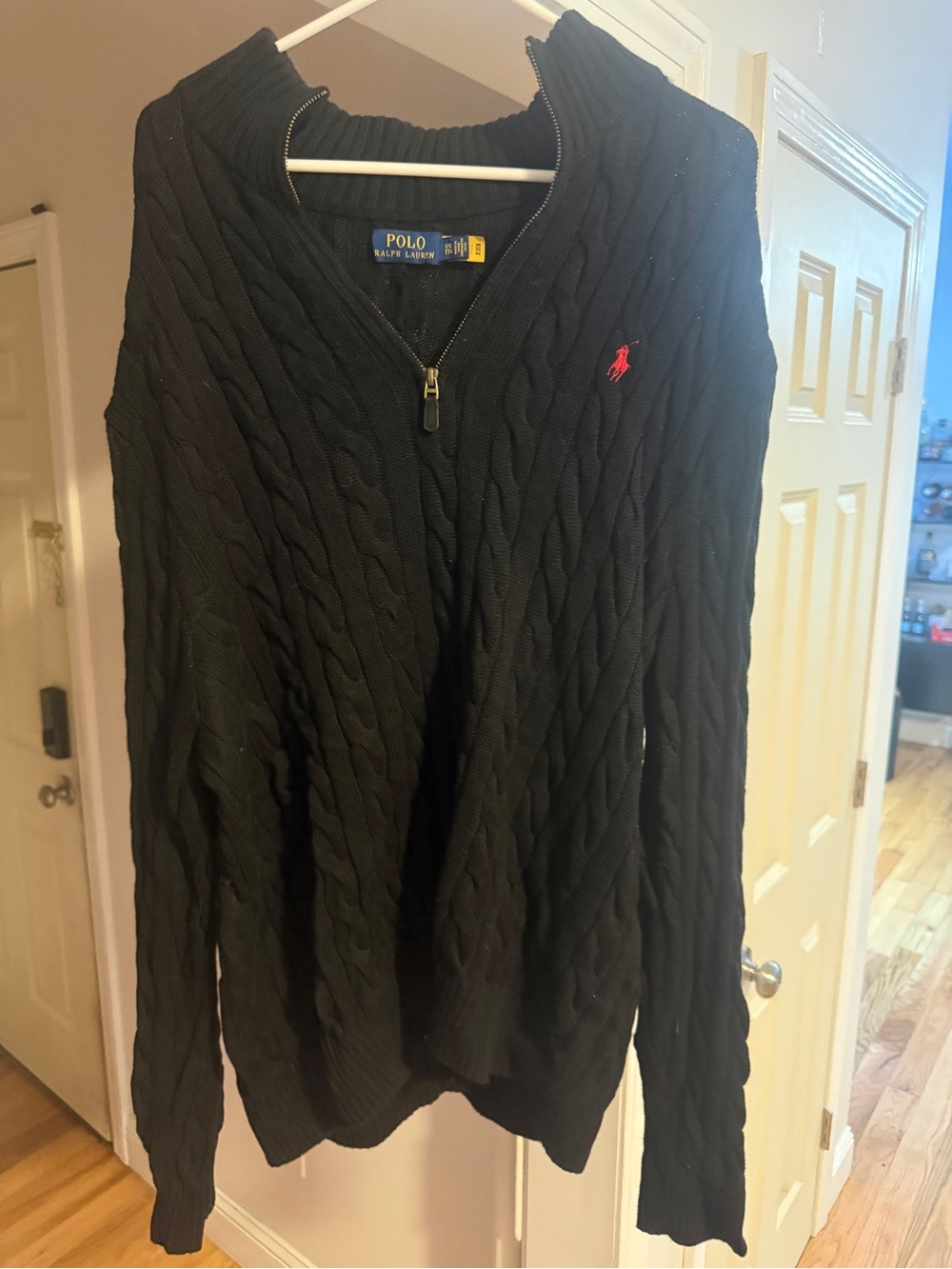 Polo by Ralph Lauren Black Cable-Knit Zip Sweater with Red Pony